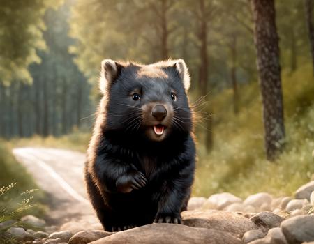 wombat on a rock, (black fur), (dark fur), cute