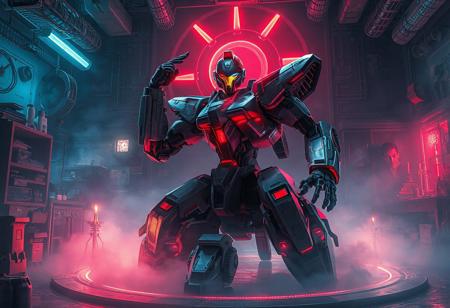 "Create a 4k, artistic and stylistically pleasing epic mecha artwork. The mecha, highly detailed with a muscular design, sits on a Black Illusion Ritual with an optimus sun orientation. The pose is cool, and the scene is filled with a blue, white and red mist. The mecha is featured on Reddit and is trending on ArtStation. The cluttered lab in the background adds intrigue, while the mecha's celebratory salute to the holy grail adds a sense of accomplishment. The neon glow enhances the overall epic feel of the piece."