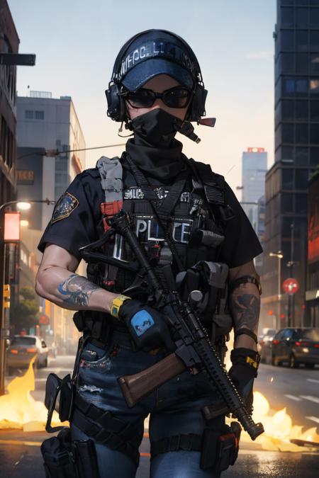 ruanyi0298,mouth mask,sunglasses,hat,holding weapon,m4 carbine,ar-15,arm tattoo,headset,police uniform,