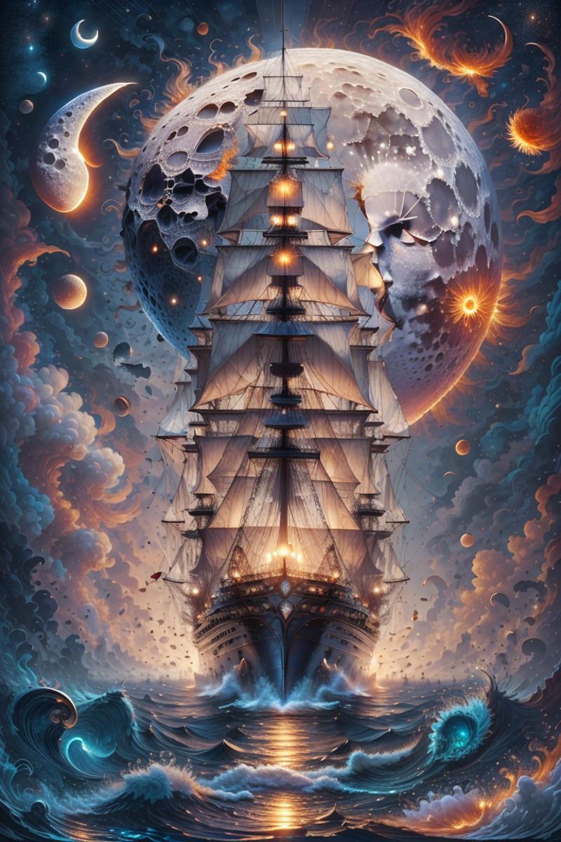 Fantasy art of a sailing ship on a stormy sea beneath a moon and planets.