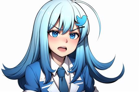 masterpiece, best quality, twitter-chan, hair ornament, white shirt, black long-sleeve shirt, layered sleeves, necktie, upper body, confused, simple background, blue and white gradient background, annoyed, open mouth <lora:twitterchan-nvwls-v1:0.9>