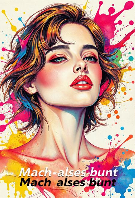 high quality design aesthetics, disco, synth pop, detailed, pop album cover, colorful splashes, flowing colors, beautiful young white woman, artist name "MUSAIC", album title "Mach alles bunt"
