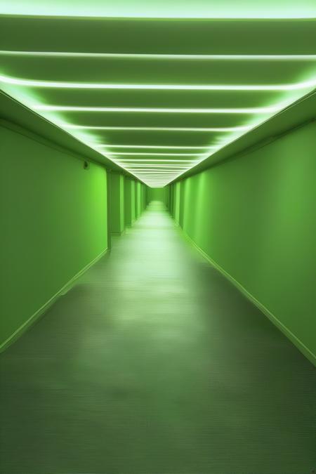 liminal space, green theme, no humans, scenery, a long hallway with a green light at the end