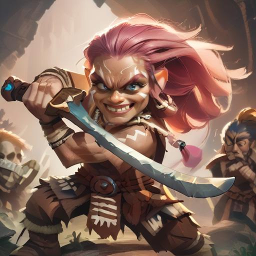 <lora:Gnome__Fantasy__DND__Warcraft:1>, gnome, short stature, big eyes and ears, 1boy, long hair, pink hair, muscular,<lora:Savage_P1:1>, zzSavage, bone necklace, tribal, smirk, <lora:Fantasy_Classes__XL:1> barbarian, <lora:low_guard_parry_stance:1>, low guard sword parry stance, holding sword,