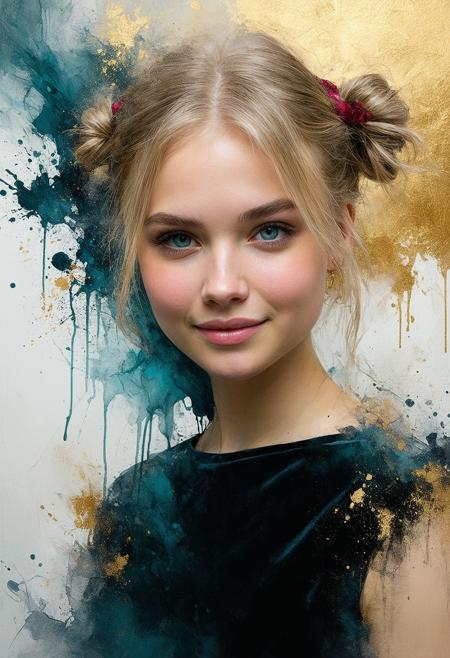 Oil painting rendered in ethereal pastels, hyper-close Dutch tilt framing: a cherubic blonde woman leans forward, messy pigtails cascading over blunt bangs, stray golden strands backlit like filaments. Thick pink lips part in a blushing smirk, cyan-blue eyes locking the viewer under brows veiled by hair. Matte black velvet dress dissolves into swirling indigo ink blooms, pooling at her collarbone. Palette: crushed lavender blush, powdered sugar highlights, inky voids. Makoto Fujimura-inspired nihonga marbling meets Klimt-esque gilt textures. Diffused studio light fractures through airborne ink droplets—innocence laced with liquid chaos.