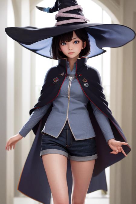 masterpiece, best quality, highres, 1girl saya bob cut blue eyes, witch hat blue hat feather, capelet robe shorts <lora:saya2:1> (photorealistic:1.0)