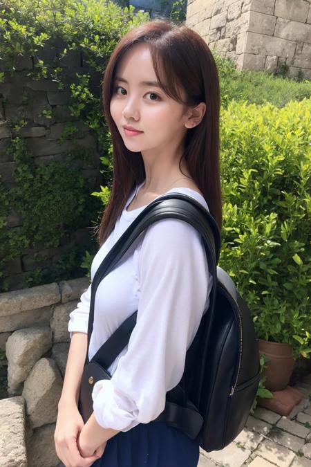 masterpiece, best quality,closed mouth, looking at viewer, full body, alluring, clean, beautiful face, pure face, pale skin, little smile,a woman standing in front of a stone wall with a backpack on her shoulder and a handbag on her shoulder, looking at the camera, with a serious expression