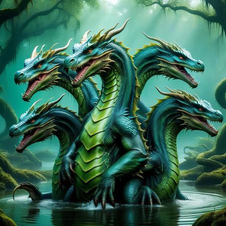 eerie swamp, hydra, three headed dragon, three necks on one body, shared body, long necks, wet, half submerged, glistening scales, (absurd res:1.2), (photorealistic:1.2), BREAK, (8k:1.0), (hi res:1.0), (masterpiece:1.0), (best quality:1.0), (realistic:1.2), (ph0t0x2:1.0), (vibrant colors:1.0)