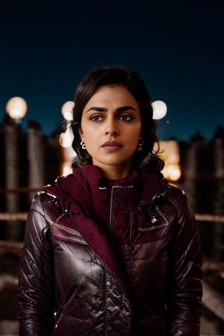 ShraddhaSrinath, art by Greg Girard,art by Jack Hughes, photograph, elegant, Gentle Sci-fi (Female:1.1) , Gray hair, Horrid Mask made out of Gore-Tex, Tender Empty Eyes, inside The Lost City of Zerzura, at Nighttime, Cosy, Street Art, film grain, Nikon Z9, Depth of field 100mm,  <lora:ShraddhaSrinathSD1.5:1>