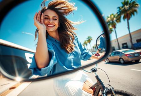 photograph of A smiling beautiful woman dressed in a blue oversized shirt and a white pleated skirt, riding a bicycle, looking at her own reflection in car wing mirror, close up, wide angle, The scene is set on a sunny day with clear blue skies, showcasing an urban street environment with cars and palm trees in the background. The image exhibits a light flare and is partially framed through a circular object, adding a unique visual effect to the composition. The overall mood is carefree and joyful, capturing a casual and stylish moment.