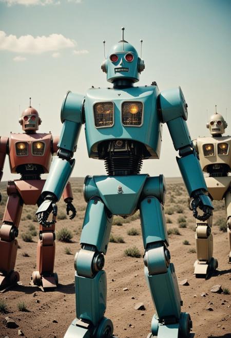 ((Film poster including a dynamic photograph from a colorized, 1939 horror film called "Battle of the Religious Robots", 
[(Cinematic still), (photograph from a 1939 film) (using 35mm film stock), (using fixed focus prime lenses), (1.37:1 aspect ratio),  ((colorized with 1939 style Technicolor) (three strip technicolor: capturing the red, green, and blue components of the scene on three separate strips of black-and-white film, later combined to create the full-color image appearance) , (retrofuturism), (retrofuturist))]