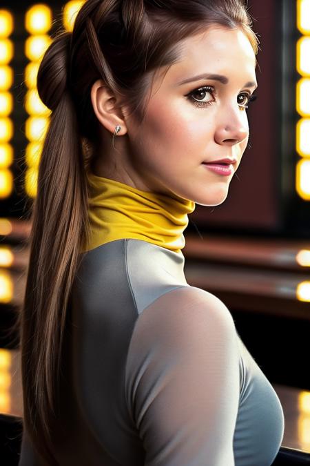 photo of extremely sexy (cfisher:1.0), a woman as a sexy student, closeup portrait upsweep updo, (Road Sign Yellow tight long sleeve turtleneck top), at a cantina sitting bar (masterpiece:1.5) (photorealistic:1.1) (bokeh) (best quality) (detailed skin texture pores hairs:1.1) (intricate) (8k) (HDR) (wallpaper) (cinematic lighting) (sharp focus), (eyeliner)