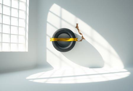 “Captured with Panavision Prime Cine optics: a minimalist studio scene showcasing a pastel white dome-shaped wall that curves smoothly into the floor, bathed in the soft glow of diffused cinematic lighting. Cube-shaped shadows, cast by a front-facing window grid, create depth and visual intrigue. At the precise center of the wall’s height, an old, weathered tyre rests, held in place by a broad strip of vibrant yellow duct tape. Beside the tyre, a jagged scar disrupts the wall’s otherwise smooth surface, introducing a raw, contrasting imperfection to the otherwise pristine setting. The premium optics highlight every texture— from the roughness of the tyre and wall to the bold contrast of the tape and scar, emphasizing the interplay of decay and order.”