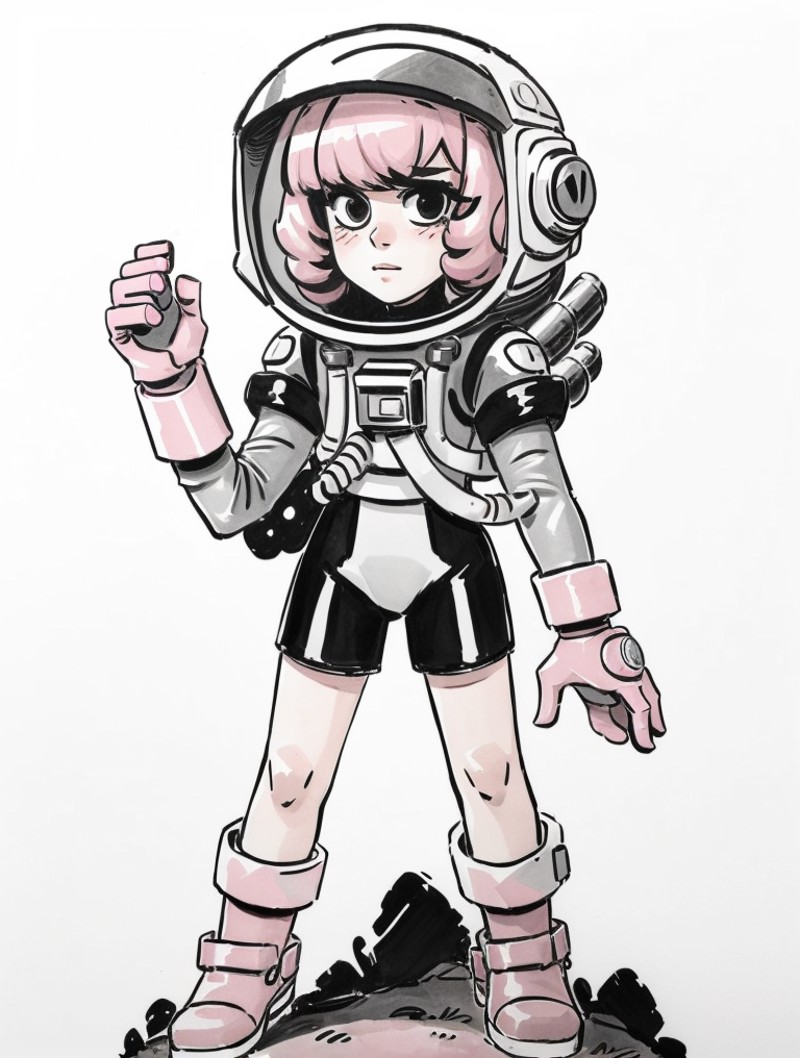 (masterpiece:1.5), (best quality:1.5),ink sketch, 1girl, solo, gloves, spacesuit, full body, pink hair, astronaut, helmet,...