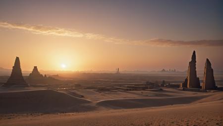 A distant, atmospheric view of an ancient Egyptian city, seen from afar across an expansive desert landscape under a shimmering twilight sky. The city's silhouette, barely discernible, features towering obelisks and faint outlines of massive structures, hinting at its grand scale and mystical aura. The image should integrate photorealism, raytracing, vast, sense of awe, sharp focus, epic composition, vibrant, and cinematic lighting to evoke a sense of timeless mystery and grandeur., award winning photograph + cinematic shot + photos taken by ARRI 65 + incredibly detailed, sharpen, details + professional lighting, photography lighting + 50mm, 80mm, 100m + lightroom gallery + behance photographys + unsplash, global illumination, epic award winning photograph (subsurface scattering:1.3), intracate details, ambient occlusion, global illumination, realism, hyper realistic, hyper detailed