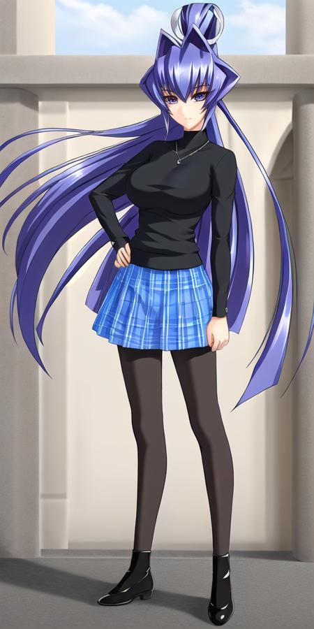 <lora:MitsurugiMeiyaV2:0.7> mitsurugimeiya, huge_breast, standing, solo, Black_sweater_Blue_skirt_Black_pantyhose_Black_shoes,, masterpiece, best quality, detailed face, detailed eyes, highres,