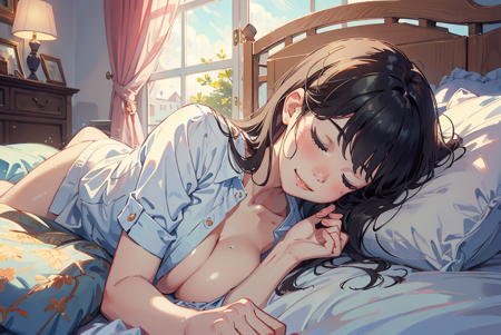 1girl, lying, bed, good morning, cute smile, eyes closed, medium breast, absurdres, masterpiece, amazing quality, magnum opus,