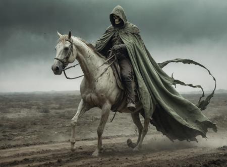 (rusted_scythe:1.3),(very long pale green cape in the wind:1.6),(tattered_garments:1.5),(skeletal_rider:1.5),horseman,(hood:1.2),(pale_emaciated_green_horse:1.1),(wind:1.3),(bones:1.2),apocalypse,smoke,black rain,desolate_landscape,dark_sky,ominous,decay,cracked_ground,barren,lifeless,
<lora:add_detail:0.8>,
