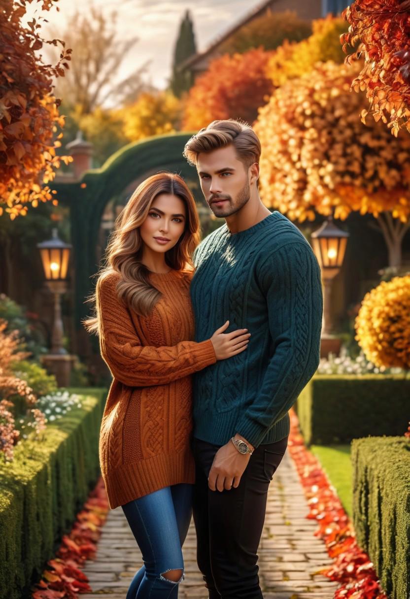 photo of        -10000 beautiful couple in love , hair,seductive   ,garden, Autumn,   long sweater   ,    , masterpiece) (best quality) (detailed) (8k) (HDR) (wallpaper) (cinematic lighting) (sharp focus) (intricate)