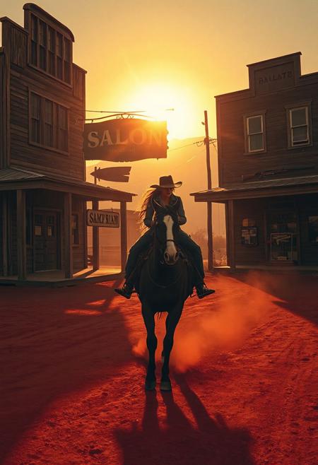 Photorealistic vintage-style scene of a lone cowgirl riding her loyal horse down a dusty red dirt road in a small Western town. The golden-orange flare of the setting sun glows through the haze of kicked-up dust, casting cinematic shadows and warm tones. On the left, a weathered two-story wooden saloon with a swinging sign creaks softly in the wind. On the right, an old bank with shuttered windows and a rusted rifle on display stands still. The atmosphere is tense, quiet, and gritty — like the opening scene of a classic Tarantino Western. The camera slowly pans, capturing lens flares, dust particles, and textures of aged wood and leather.
Style tags (add to prompt or metadata):
photorealistic, vintage film look, 1970s Western, cinematic lighting, golden hour, Tarantino aesthetic, film grain, shallow depth of field, dusty atmosphere, wide-angle, color-graded, retro tone
Negative Prompt: modern buildings, futuristic elements, clean textures, digital look, blurry face, anachronisms