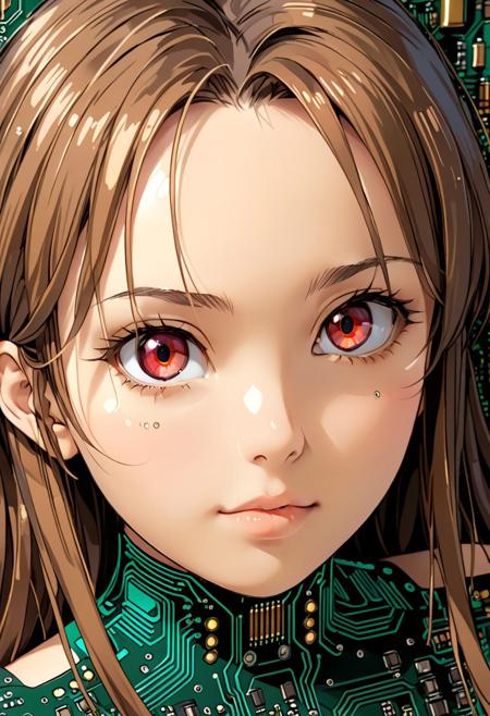 (masterpiece, 2.5D), (score_9, score_8_up, score_7_up,source_anime), (ultra-detailed,24K), best quality, CG, illustration, 
circuit board style, TzigoCBS, backlighting, close-up face focus,
1girl, ultra-detailed eyes, ultra-detailed background, YurYuna, stoic, upper body, red eyes, brown hair, long hair,