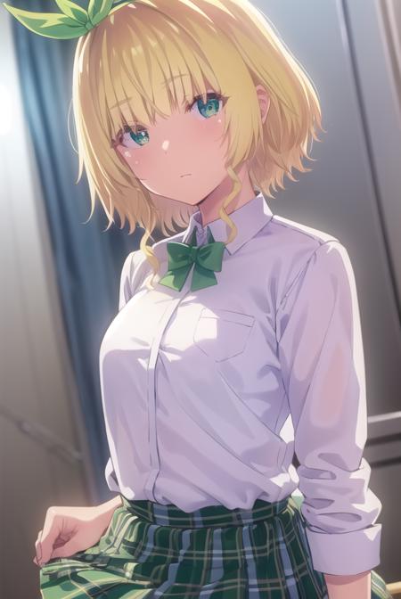 yuikakoga, <lora:yuika koga s1-lora-nochekaiser:1>,
yuika koga, short hair, blonde hair, (green eyes:1.3), hair ribbon, hairband, green ribbon,
BREAK skirt, shirt, school uniform, white shirt, plaid, plaid skirt, green skirt,
BREAK indoors, classroom,
BREAK looking at viewer,
BREAK <lyco:GoodHands-beta2:1>, (masterpiece:1.2), best quality, high resolution, unity 8k wallpaper, (illustration:0.8), (beautiful detailed eyes:1.6), extremely detailed face, perfect lighting, extremely detailed CG, (perfect hands, perfect anatomy),