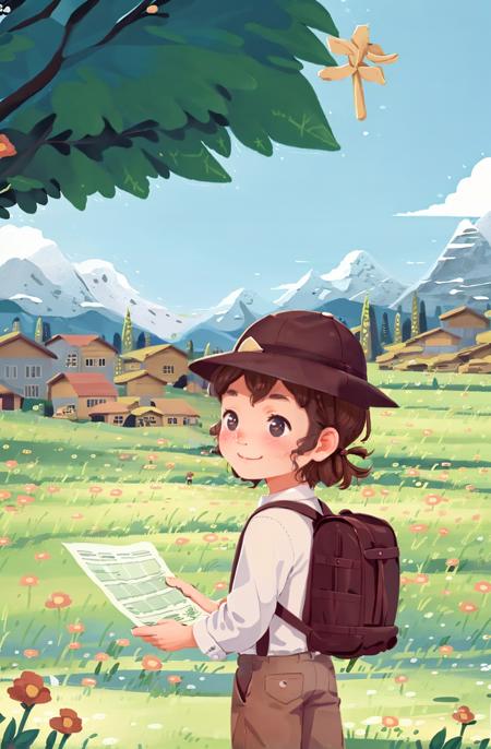 1 boy, backpack, hat, meadow, brown hair, pants, outdoors, smile, distant mountains, blush sticker, holding map,grass, child, <lora:Child illustrationa_20230804152414:0.8>