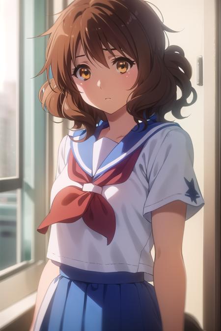 kumikooumae, <lora:kumiko oumae s2-lora-nochekaiser:1>,
kumiko oumae, (brown eyes:1.5), brown hair, short hair, wavy hair,
BREAK skirt, shirt, school uniform, white shirt, short sleeves, pleated skirt, serafuku, sailor collar, blue skirt, neckerchief, red sailor collar, school bag, blue neckerchief, kitauji high school uniform,
BREAK indoors, classroom,
BREAK looking at viewer, (cowboy shot:1.5),
BREAK <lyco:GoodHands-beta2:1>, (masterpiece:1.2), best quality, high resolution, unity 8k wallpaper, (illustration:0.8), (beautiful detailed eyes:1.6), extremely detailed face, perfect lighting, extremely detailed CG, (perfect hands, perfect anatomy),