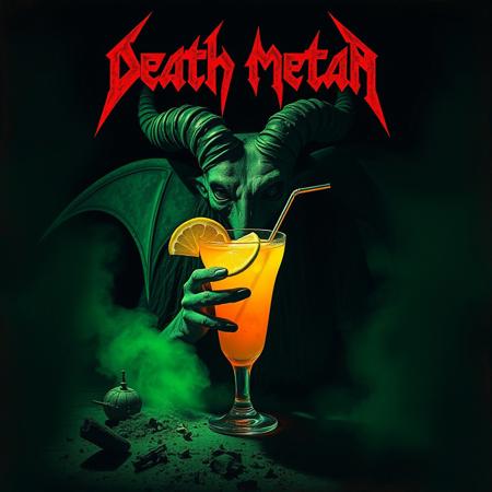 Typical death metal logo in top, overlapping under it is Baphomet drinking a tropical cocktail drink surrounded by subtle dust and decay. The scene is lit with a deep green duotone color scheme, casting moody, heavy shadows. The texture is gritty and raw, evoking a dark and psychedelic stoner doom metal atmosphere. The background is dark and minimal, emphasizing the cocktail, with faint hints of smoke or mist swirling in the air. The lighting is dramatic and harsh, creating a brooding, vintage poster-like aesthetic with a grainy, analog feel. Ed Repka vibe, retro-feeling, heavy textures