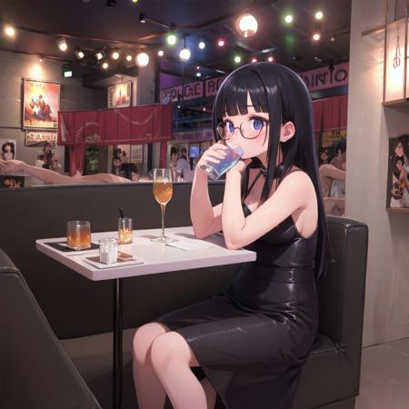 best quality, ultra-detailed, illustration,
sc1, scenery, night, lights, indoors, light, neon lights, couch, table,
1girl, glasses, black hair, long hair, black dress, drinking glass, 
 <lora:SC1_SD15_V1:1>