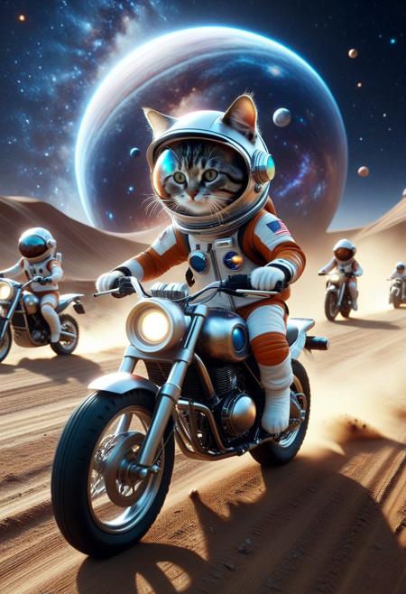 (made of CosmicStyle:1.3),  CosmicStyle, from side, closeup cute small motor cycle made of CosmicStyle, astronaut cat driving, wear round goggles, wear animal ears helmet, wear astronaut suit made of CosmicStyle, run through on space planet dirt road, Dust, (surround by multiple cute small motorcycles:1.2), space, galaxy, cinematic, cinematic lighting, (masterpiece, best quality:1.4), ultra-high res, 4k, Photorealistic, insanely detailed, sfw,