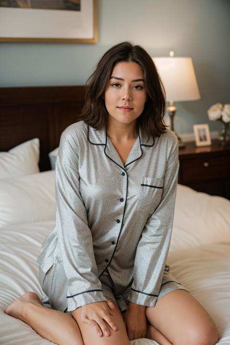 RAW photo of megboone,Pajama Top at Bedroom, (high detailed skin:1.2), 8k uhd, dslr, soft lighting, high quality, film grain, Fujifilm XT3,  <lora:megboone:1>