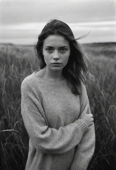 a young woman standing in the grass, in the style of stark black-and-white photography, hasselblad 1600f, coastal landscapes, expressive facial features, dutch landscapes, soft atmospheric scenes, powerful portraits