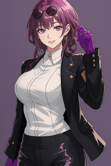 <lora:Kafka-01:1>, kafka, long hair, looking at viewer, smile, large breasts, shirt, gloves, long sleeves, jewelry, jacket, white shirt, earrings, parted lips, pants, black jacket, black pants, sunglasses, eyewear on head, purple background, purple gloves