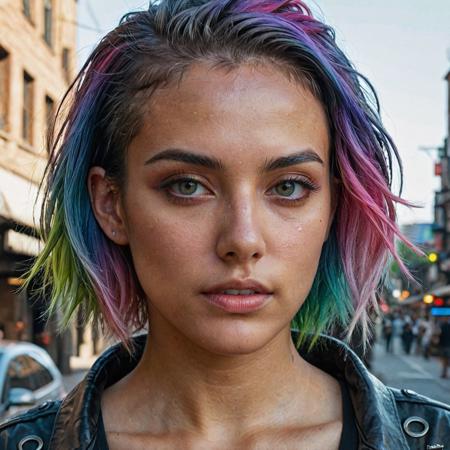 epic realistic, DV_Karah_Vicious, cyberpunk lanscape, ultra realistic, cinematic lighting, ultra detailed, detailed gorgeous face, beautiful girl, olive skin, medium length rainbow hair, simetric face, good anatomy, deusamelada, (Masterpiece:1. 3), (best quality:1. 3), <lora:add_detail:0. 4> <lora:epi_noiseoffset2:0. 4> <lora:hairdetailer:0. 6> <lora:more_details:0. 3> <lora:add-detail-xl:1. 2> <lora:DetailedEyes_V3:1. 2> <lora:sd_xl_offset_example-lora_1. 0:1. 2>, (natural skin texture, hyperrealism, soft light, muted colors), background, rutkowski, rim light