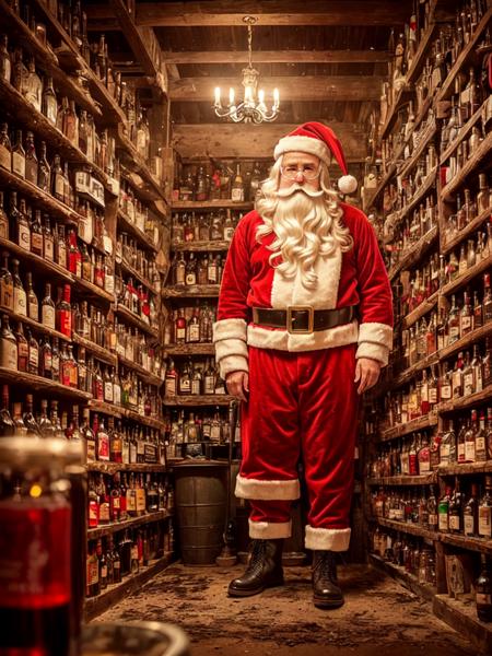 a full body shot of santa, drunk, creepy santa, muddy, crowded bottles bar, intricate details, hdr, intricate details, hyperdetailed, cinematic, dark shot, muted colors, film grainy, soothing tones, muted colors, technicolor, RAW, realistic, limited palette,