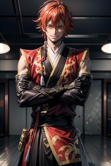 ashley ashura\(akito the exiled\), 1boy, orange hair, hair between eyes, red eyes,