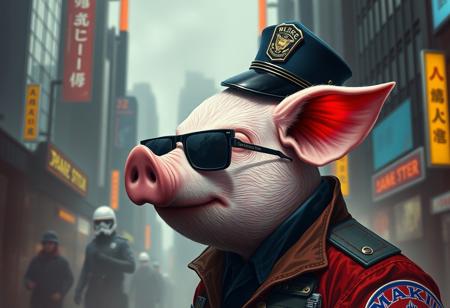 Create a highly detailed, lifelike digital painting of a hybrid pig and NYC policeman character, inspired by Star Wars legends and set on a Makiu in the Magical Mist of Andromeda. Incorporate elements of cyberpunk, faded red colors, long pointy ears, and proper proportions. The character should be shown in a flat lay, left-aligned composition with realistic shading, sharp focus, and ultra-realistic details. Use the styles of Makoto Shinkai, Alphonse Mucha, and Artgerm as references. Output should be in the format of a trending Artstation concept art piece.