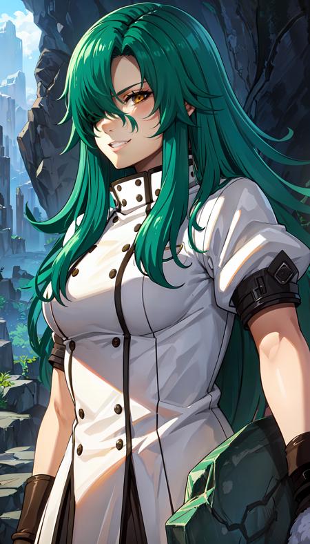 long hair green hair yellow eyes hair covering one eye long coat white coat white gloves