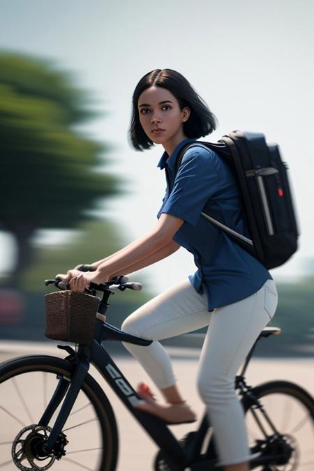 (masterpiece), (extremely intricate:1.3), (realistic), portrait of a girl, dark blue shirt, white skinny trousers, full body, outdoors, gas a delivery backpack on his back, riding a commuter bike, spanish town, action photograph, sharp focus, award winning, cinematic lighting, octane render  unreal engine,  volumetrics dtx, (film grain, blurry background, blurry foreground,  depth of field, midday, motion blur:1.3), dynamic,