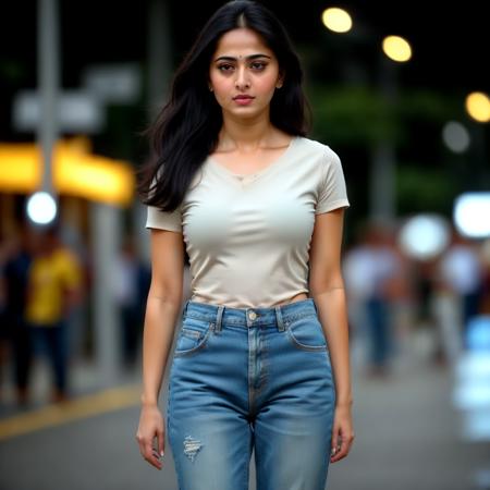 SWEETY, (pale fair skin:1.2), black hair, slim waist, t shirt,  jeans, feet, RAW photo, subject, 8k uhd, dslr, soft lighting, high quality, film grain, Fujifilm XT3