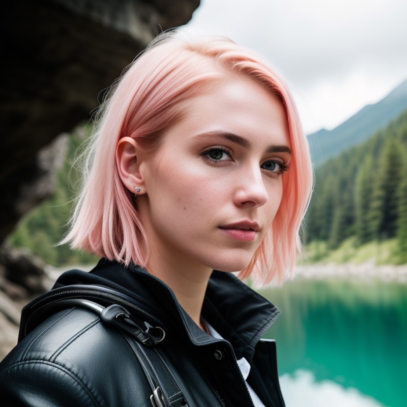 RAW photo, a close portrait photo of 30 y.o woman in wastelander clothes, [ash blonde | ginger | pink hair], [undercut hai...