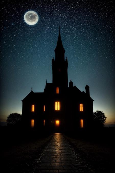(masterpiece, best quality, highres:1.2), creepy medieval mansion, eerie atmosphere, night sky