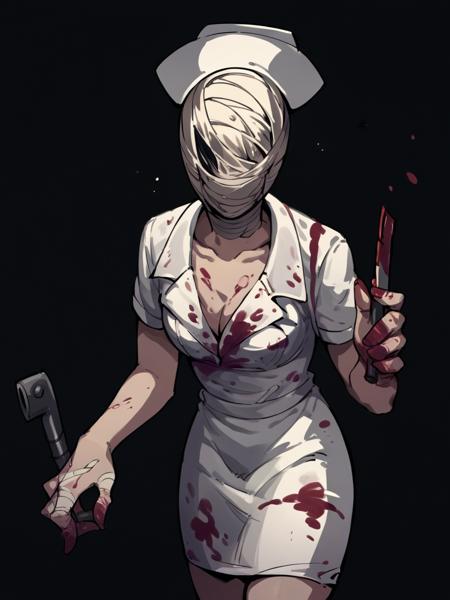 bubble head nurse, 1girl, solo, nurse, nurse cap, bandage mask,  flesh mask, black hair, blood,