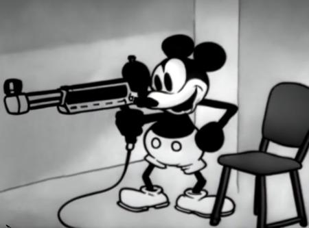 steamboat willie holding an ak-47 semiautomatic machine gun in his hand, next to a chair, holding a gun, horror funny, insane face, therapist, introduction <lora:Steamboat_Willie2-000140:0.9>