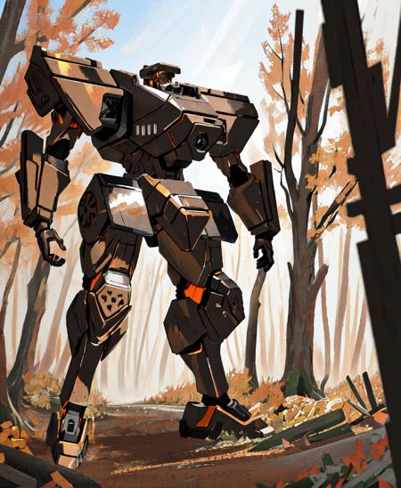 <lora:muvluvmech:0.75>, (brown mech, standing:1.2), forest, trees, leaves, autumn, blurred background, realistic, highres, 4k