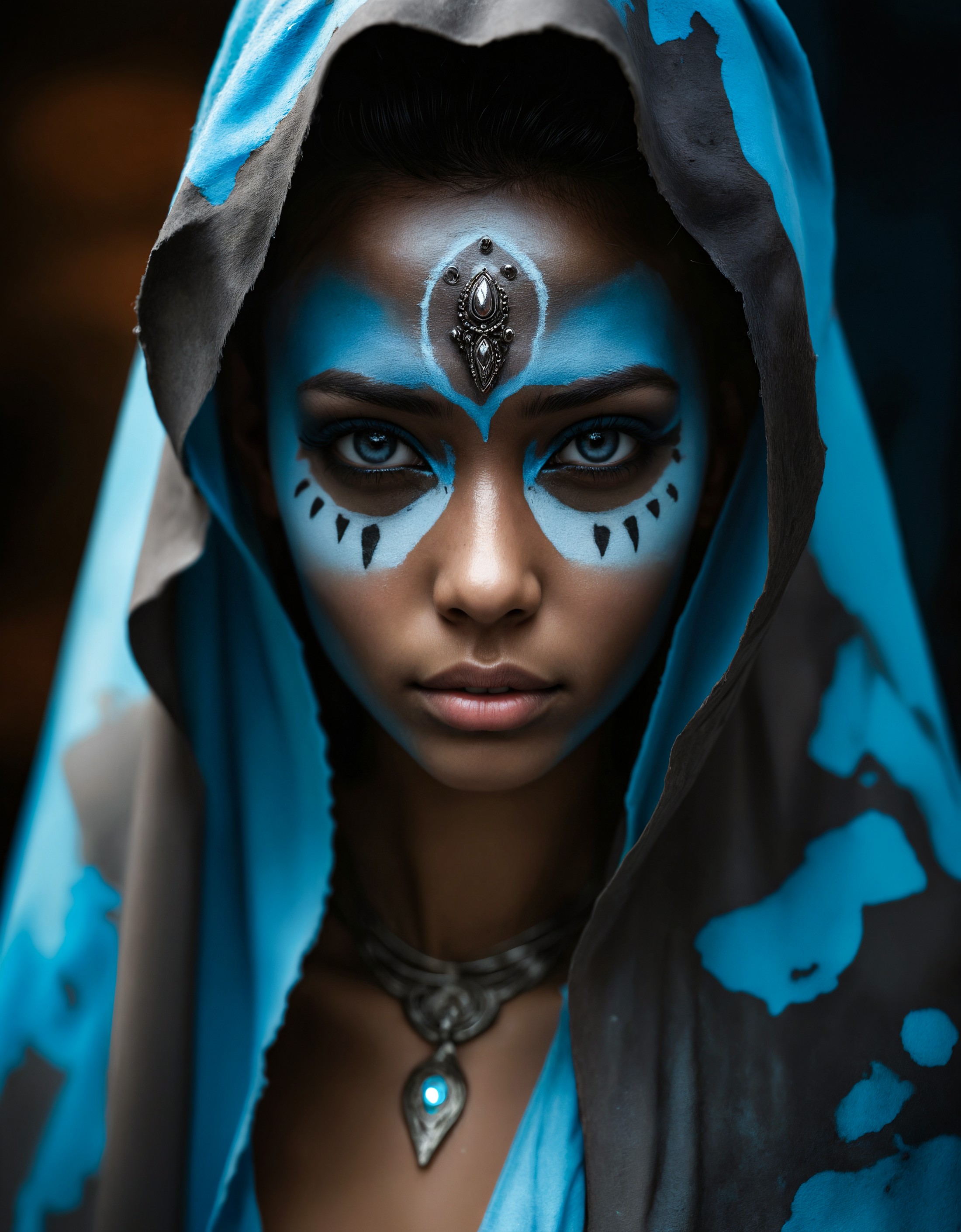 Close-up face, mysterious silhouette of an exotic coloured girl in worn down cape, light blue war-painted eyeshadow, godde...