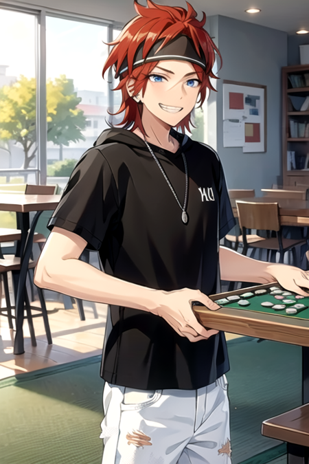 <lora:RinneAmagi-05:0.7> ,rinne, long hair, smile, short hair, blue eyes, shirt, jewelry, blue hair, short sleeves, male focus, red hair, earrings, multiple boys, teeth, solo focus, pants, indoors, hood, 2boys, necklace, grin, torn clothes, black shirt, headband, table, denim, t-shirt, light particles, jeans, visor cap, purple shirt, purple jacket, torn pants, mahjong, torn jeans, mahjong tile