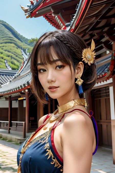 1girl, (ulzzang-6500:0.7), detached sleeves, bare shoulders, gold hair, long hair, chinese clothes, best quality, (hair ornament:1.35), jewelry, earrings, large breasts,  lantern light, depth of field, detailed face, face focus, ribbon_trim, (looking at viewer:1.25), nontraditional miko, shiny skin, long sleeves, smile, thick lips, hands on lips, east asian architecture, (blurry background:1.2), upper body, nipples, (thai temple background:1), (gold necklace:1.2), (long black hair:1),  chinese traditonal dress,<lora:ThaidollArunee_v1A:0.8>, upper body, morning light, blue sky,