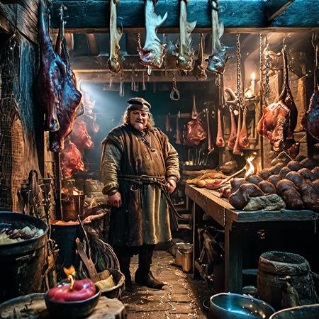 highly detailed candid photo of butcher:1.2,


solo, looking at viewer, 1boy, hat, jewelry, standing, male focus, boots, food, indoors, necklace, fruit, facial hair, fire, beard, apple, basket, bucket, candle,

masterpiece, best quality:1.1, realistic:1.3,
back lighting:1.2, dark medieval abattoir,

ultra photoreal, photorealistic:1.0, sharp focus:1.1, 
depth of field:1.1, 

50mm, style of Nathan Wirth, Hasselblad X1D II, Porta 160,
